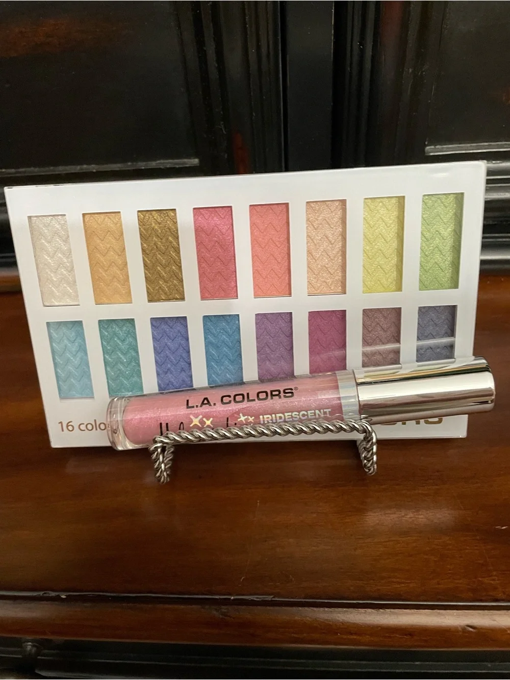 L.A. COLORS 16-Color Shimmer Eyeshadow Palette — and pink lip gloss new